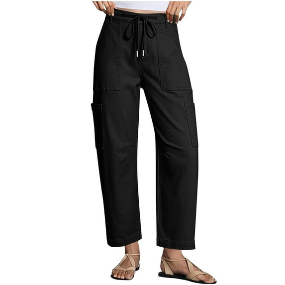 Olyvenn Jeans for Women Casual Drawstring High Waisted Straight Wide Leg Pants Loose Cargo Denim Pants with Pockets Black S