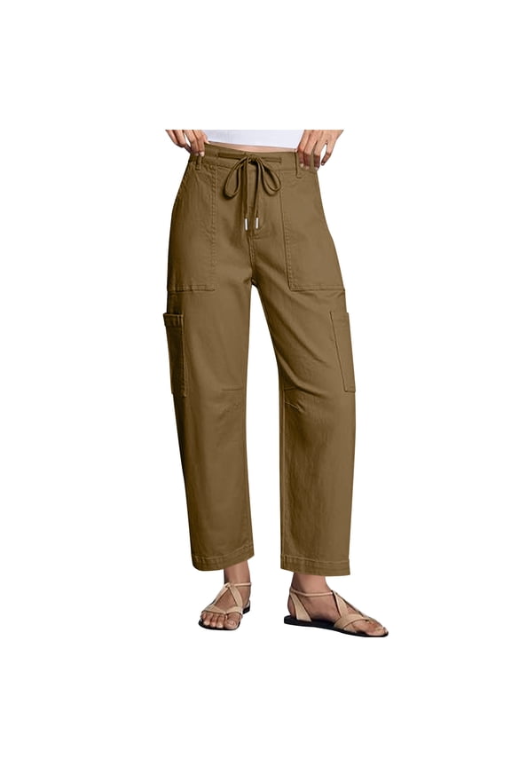 Jeans for Women Casual Drawstring High Waisted Straight Wide Leg Pants Loose Cargo Denim Pants with Pockets Brown XL