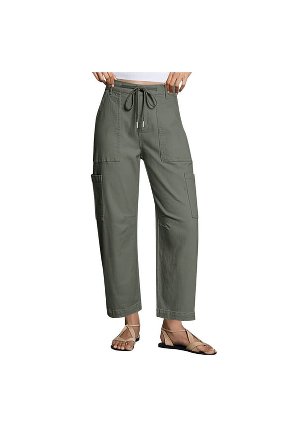 Jeans for Women Casual Drawstring High Waisted Straight Wide Leg Pants Loose Cargo Denim Pants with Pockets Dark Gray M