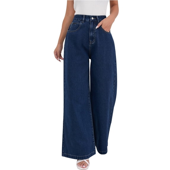 Olyvenn Jeans for Women High Waist Wide Leg Denim Pants Solid Color Straight Leg Trouser Pants Mid Waist Trendy 2025 Blue L