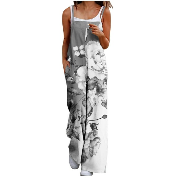 Olyvenn Jumpers for Women 2025 Spring Sleeveless Baggy Jumpsuits Casual Wide Leg Long Pant Rompers Fashion Print Boho Overalls Gray 14