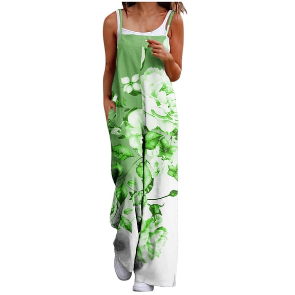 Olyvenn Jumpers for Women 2025 Spring Sleeveless Baggy Jumpsuits Casual Wide Leg Long Pant Rompers Fashion Print Boho Overalls Green 4
