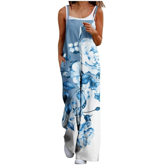 Olyvenn Jumpers for Women 2025 Spring Sleeveless Baggy Jumpsuits Casual Wide Leg Long Pant Rompers Fashion Print Boho Overalls Light Blue 4