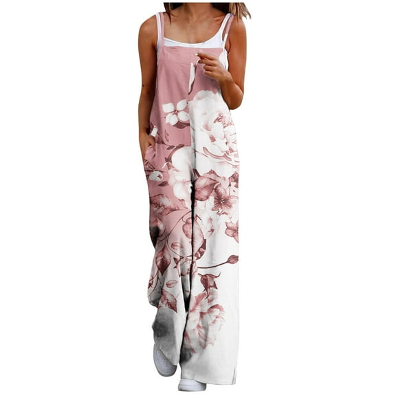 Olyvenn Jumpers for Women 2025 Spring Sleeveless Baggy Jumpsuits Casual Wide Leg Long Pant Rompers Fashion Print Boho Overalls Pink 4