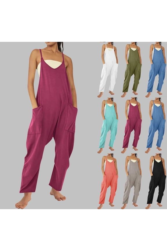 Jumpsuit for Women Dressy Casual Loose Sleeveless Spaghetti Strap Stretchy Wide Leg Long Pant Romper With Pockets Army Green XL