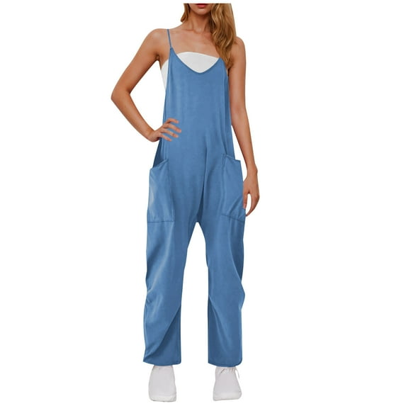 Olyvenn Jumpsuit for Women Dressy Casual Loose Sleeveless Spaghetti Strap Stretchy Wide Leg Long Pant Romper With Pockets Blue M