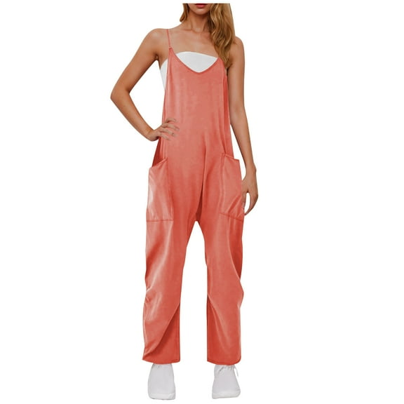 Olyvenn Jumpsuit for Women Dressy Casual Loose Sleeveless Spaghetti Strap Stretchy Wide Leg Long Pant Romper With Pockets Orange XXXL