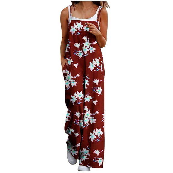 Olyvenn Jumpsuits for Women Casual Wide Leg Loose Boho Overalls Floral Print Baggy Rompers 2025 Spring Outfits with Pockets Red 4