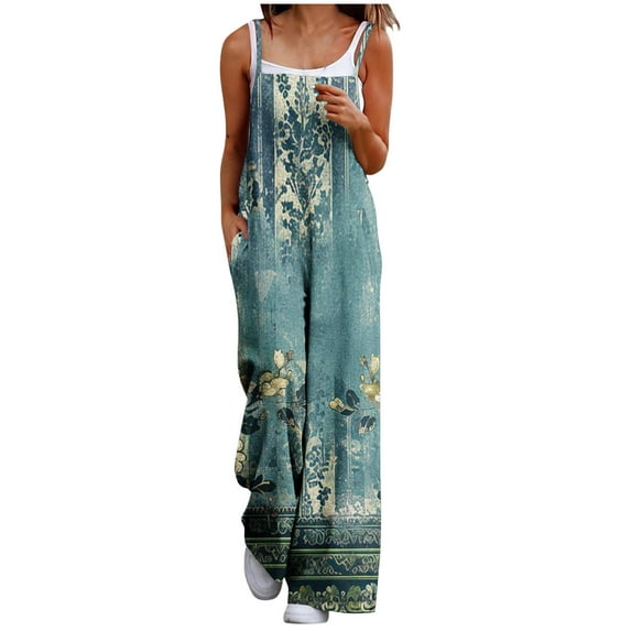 Olyvenn Jumpsuits for Women Summer Casual Buttons Wide Leg Printed One Piece Outfits Loose Fit Multi Pockets Pants Romper Green 14