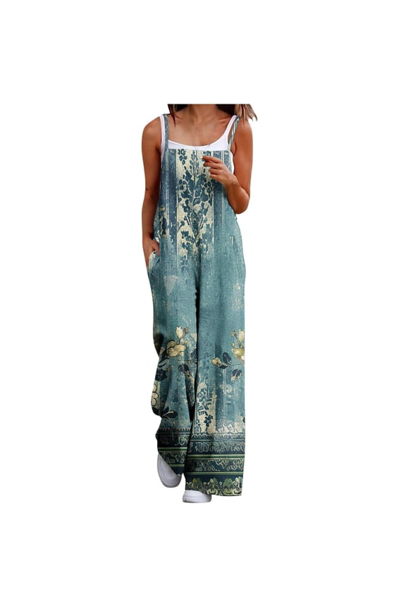 Jumpsuits for Women Summer Casual Buttons Wide Leg Printed One Piece Outfits Loose Fit Multi Pockets Pants Romper Green 4