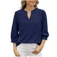 thumbnail image 1 of Olyvenn Keyhole V Neck Puff 3/4 Length Sleeve Womens Tops Dressy Casual Chiffon Work Blouses Pleated T-Shirts Loose Fit Shirts Navy 16-18, 1 of 8