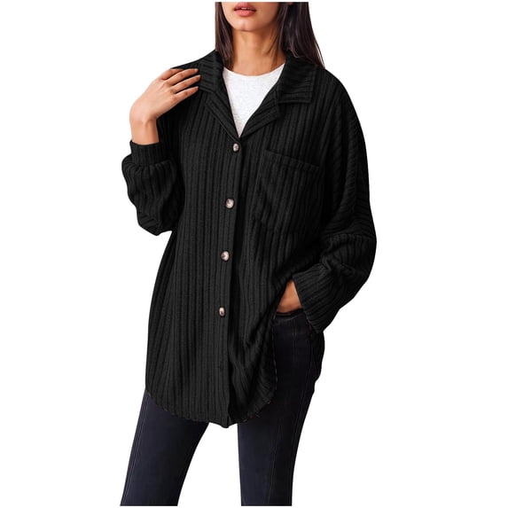 Olyvenn Knit Ribbed Sweater for Women Long-Sleeve Sweaters Button-Down Cardigan with Pockets Loose Fit Casual Semi-Formal Jacket Black 6