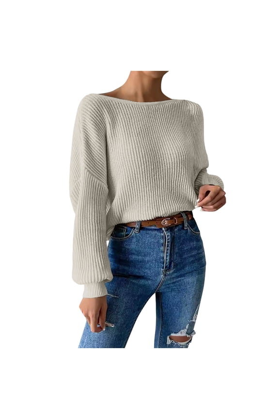 Knit Sweater for Women Long Sleeve Casual Winter Tops Soft Dressy Shirt Women Crewneck Tunic Tops Cozy Warm Pullover Beige S