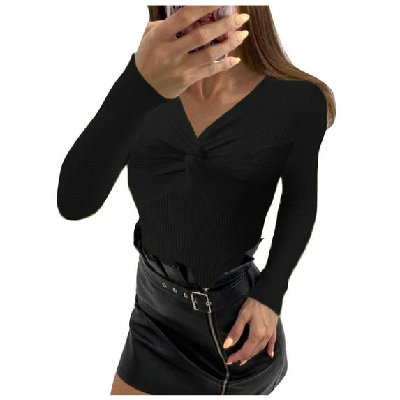 Olyvenn Knitted Front Knot Sweaters Bottoming Shirt Tops Women's Plus V-Neck Long-Sleeve for Women Blouse Female Leisure Black S