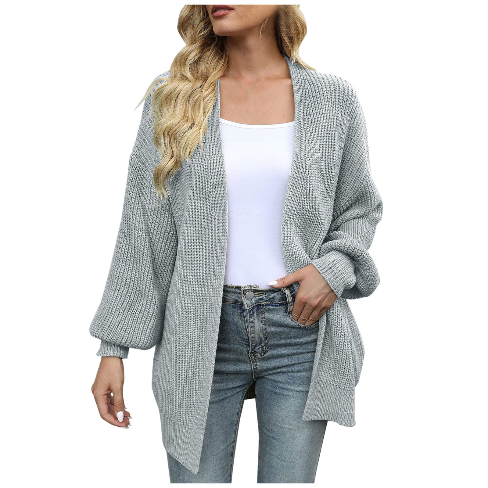 Olyvenn Knitted Solid Midi Length Cardigan Sweater Coat Tops for Women  Pocket Ladies Fashion Women Elegant V Neck Loose Casual Long Sleeve Autumn