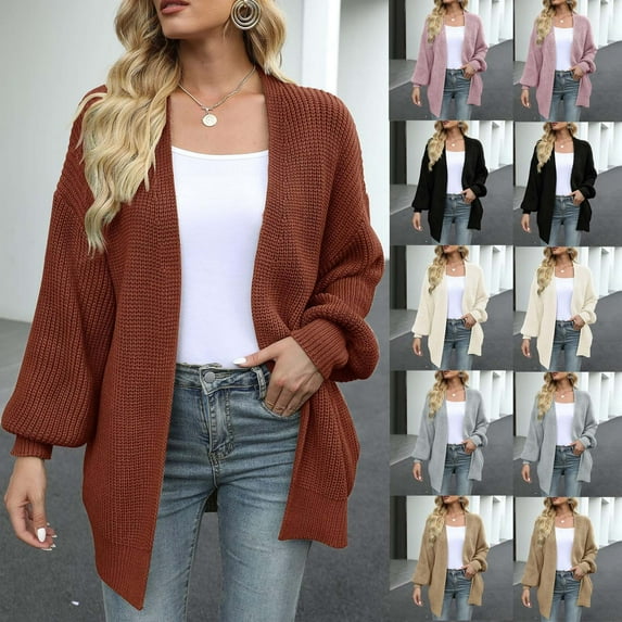 Olyvenn Knitted Solid Midi Length Cardigan Sweater Coat Tops for Women Pocket Ladies Fashion Women Elegant V Neck Loose Casual Long Sleeve Autumn Female Outerwear Pink M