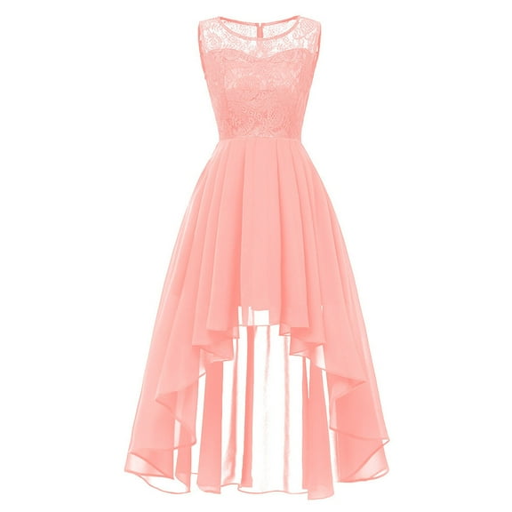 Olyvenn Lace High-Low Bridesmaid Dresses Women's Floral Sleeveless Lace Splicing Crew Neck Formal Wedding Long Swing Dresses Female Outerwear Pink XL