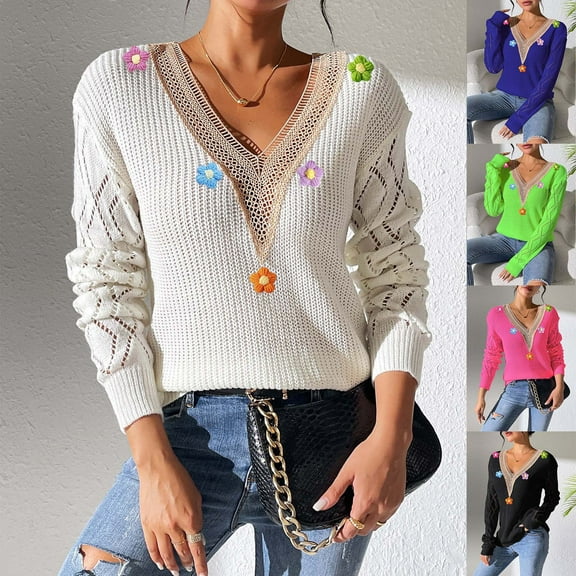Olyvenn Lace V Neck Sweaters for Women Cute Flowers Hollow Pullover Casual Long Sleeve Knitted Loose Sweater Tops Blue M