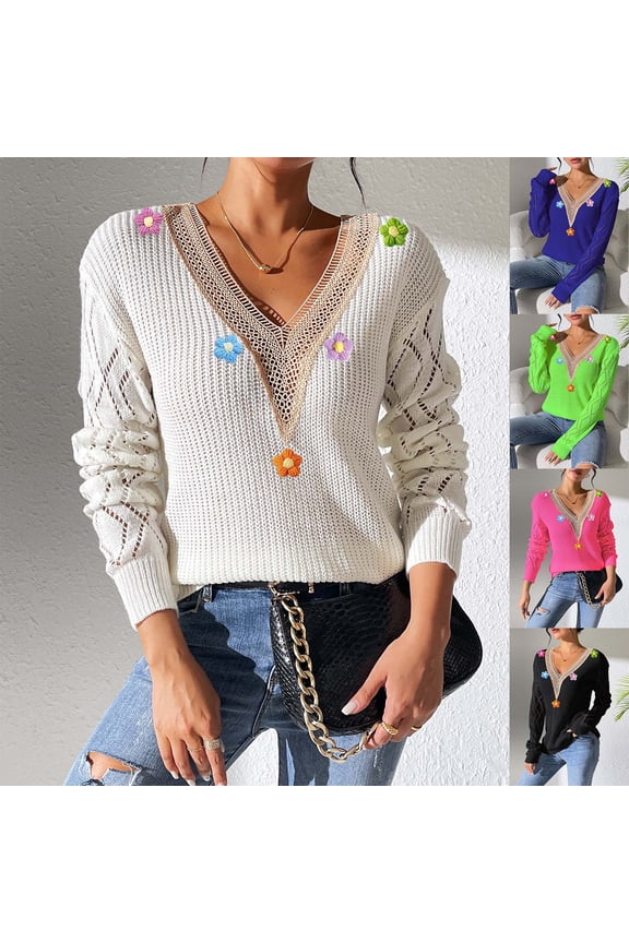 Lace V Neck Sweaters for Women Cute Flowers Hollow Pullover Casual Long Sleeve Knitted Loose Sweater Tops Blue M