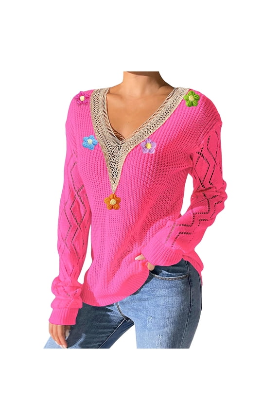 Lace V Neck Sweaters for Women Cute Flowers Hollow Pullover Casual Long Sleeve Knitted Loose Sweater Tops Hot Pink XL