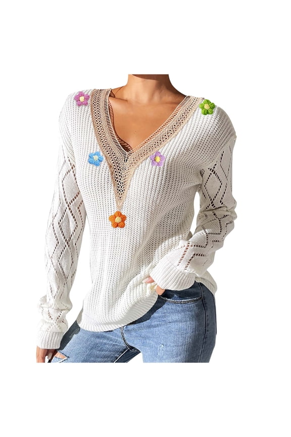 Lace V Neck Sweaters for Women Cute Flowers Hollow Pullover Casual Long Sleeve Knitted Loose Sweater Tops White S
