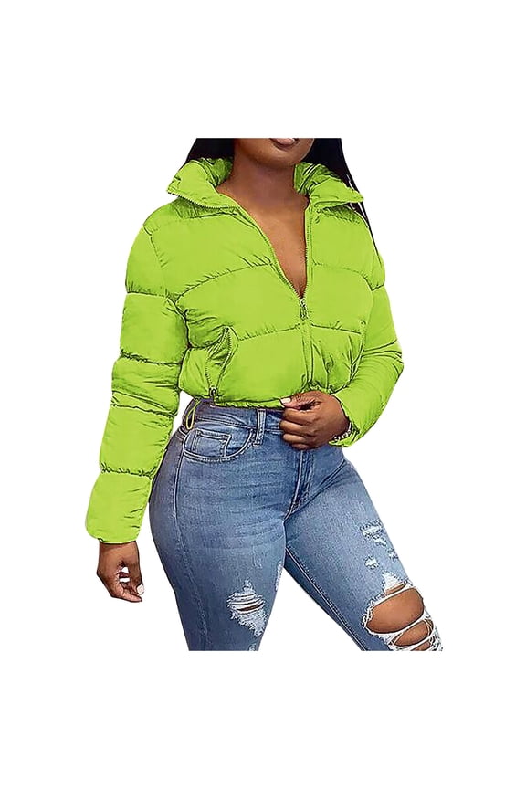 Ladies Fashion Zip Up Lapel Cropped Coat Puffer Cotton Jacket Padded Coat Fashion Womens Loose Casual Solid Stand up Collar Female Outerwear Green XL