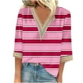 thumbnail image 1 of Olyvenn Ladies Lace Trim Dressy Shirt Casual 3/4 Sleeve Fashion Tshirt Stylish V Neck 2025 Trendy Graphic Print Tops Hot Pink M, 1 of 5