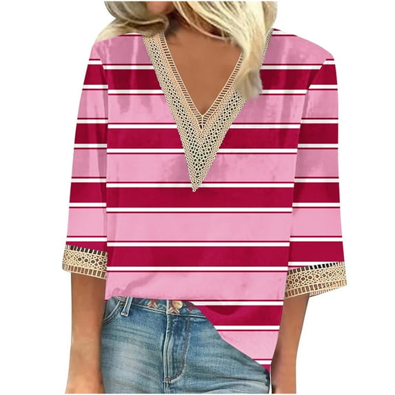 Olyvenn Ladies Lace Trim Dressy Shirt Casual 3/4 Sleeve Fashion Tshirt Stylish V Neck 2025 Trendy Graphic Print Tops Hot Pink M