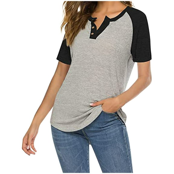 Olyvenn Ladies Tunic Henley Shirts Bundle Tops Buttons Slit V-Neck Summer Tops Holiday Relaxed Slim Fit Flowy Casual Shirts Classic Color Block Basic Tees Raglan Patchwork Short Sleeve Black 12