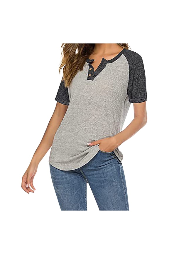 Ladies Tunic Henley Shirts Bundle Tops Buttons Slit V-Neck Summer Tops Holiday Relaxed Slim Fit Flowy Casual Shirts Classic Color Block Basic Tees Raglan Patchwork Short Sleeve Gray 8