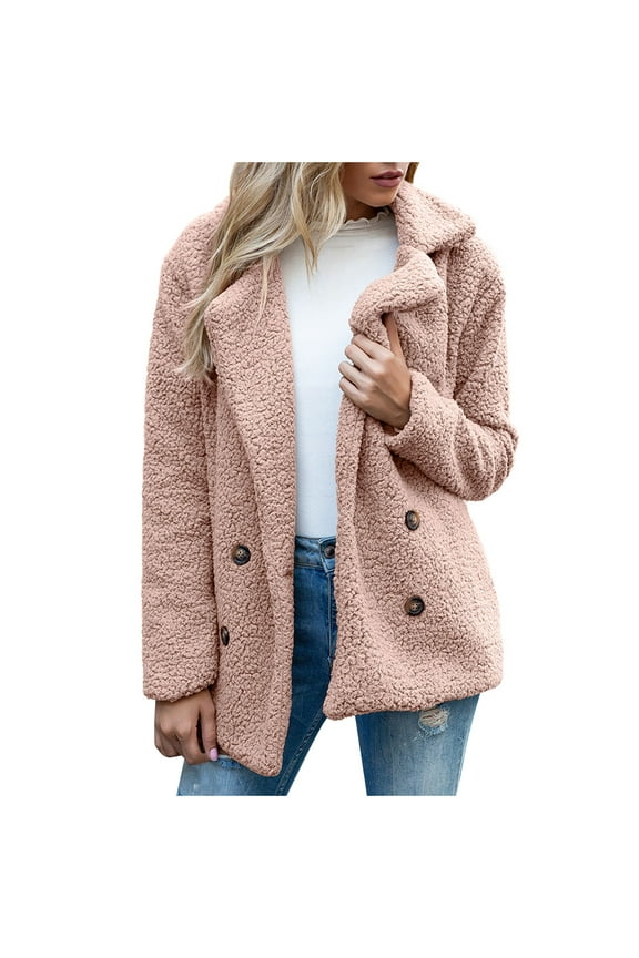 Lambswool Midi Cardigan Coat Womens Top Ladies Fashion Loose Winter Warm Jacket Long Sleeve Solid Color Button Lapel Turn Down Collar Female Outerwear Pink M