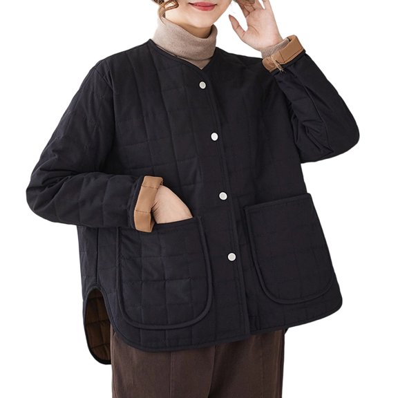 Olyvenn Large Pocket Thick Jacket Women's Clip Warm Round Neck Casual Fashionable Top Short Sleeve Comfortable Soft Fabric Daily Wear Spring Summer Black L