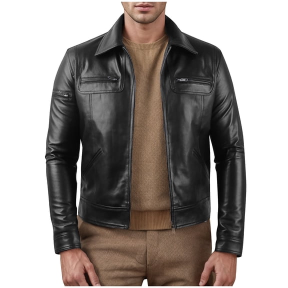 Olyvenn Leather Jacket for Men - Real Lambskin Vintage Trucker Mens Leather Jackets Lapel Neck Fashion Biker Jacket Black 10