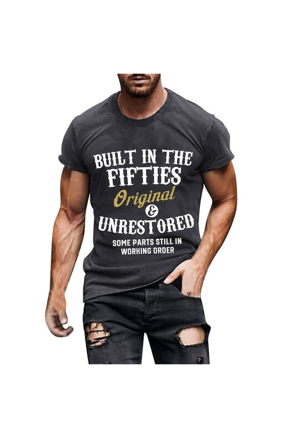 Letter Graphic T-Shirts for Men and Big Men Cap Sleeve Short Sleeve Blouse Boat Neck Summer Tops Slim Fitness Sports Pocket Shirts Workout BUILT IN THE FIFTIES Print Basic Tees Dark Gray 6