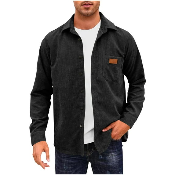 Olyvenn Lightweight Corduroy Button Down Jacket for Men Long Sleeve Solid Work Shirts Shackets with Pocket Black 10