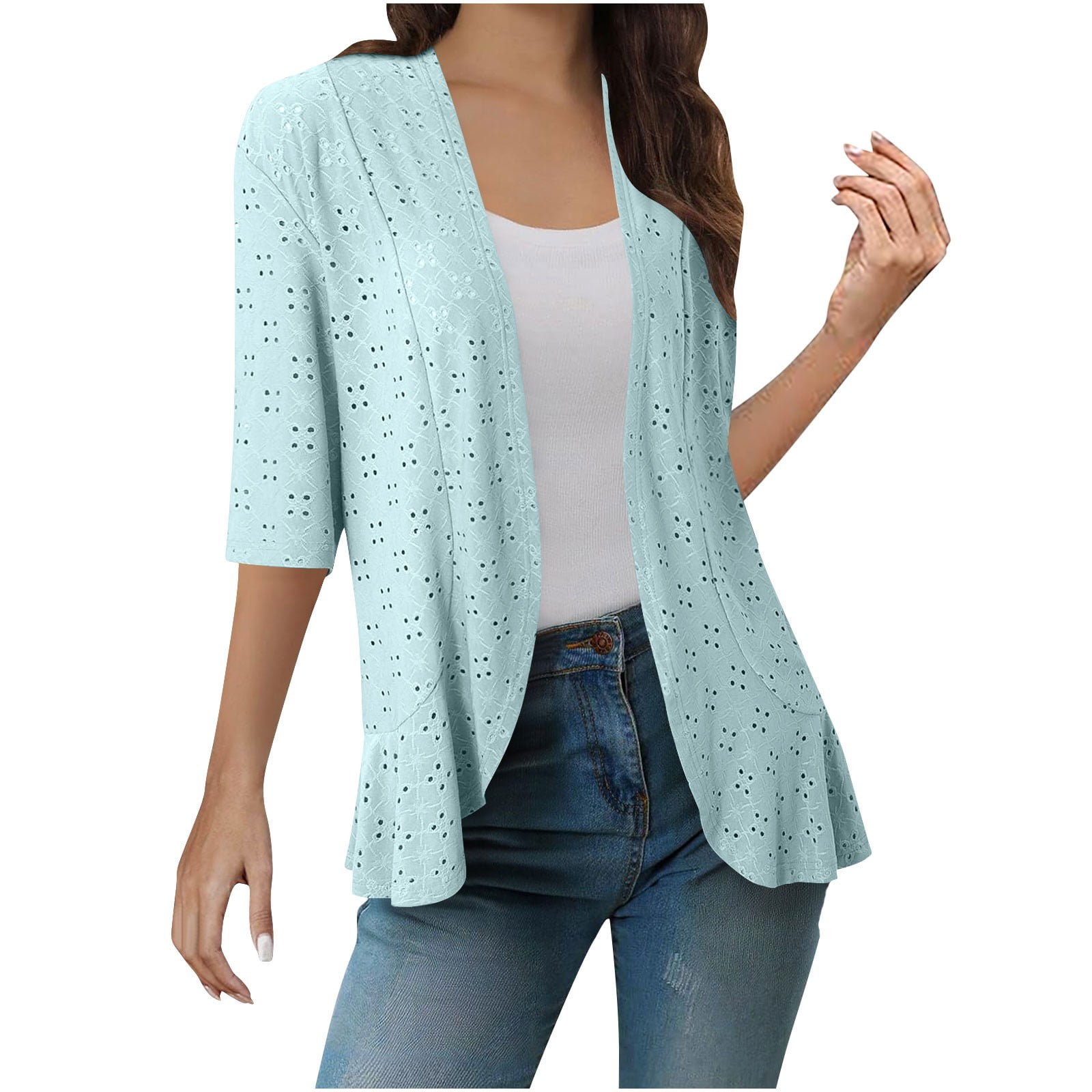 Olyvenn Lightweight Summer Cardigan for Women Fall Netted Knit Ruffle ...