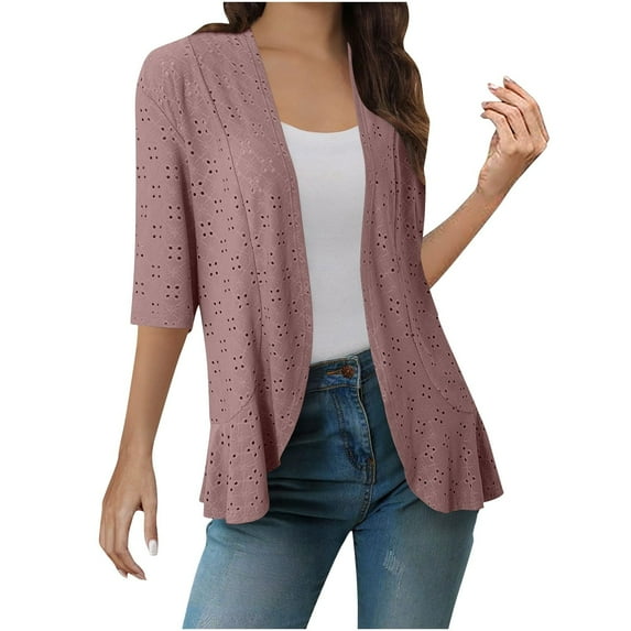 Olyvenn Lightweight Summer Cardigan for Women Fall Netted Knit Ruffle Tops Short Sleeve Eyelet Kimono Cover Ups Red M