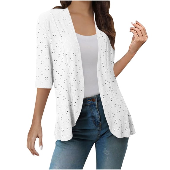 Olyvenn Lightweight Summer Cardigan for Women Fall Netted Knit Ruffle Tops Short Sleeve Eyelet Kimono Cover Ups White S