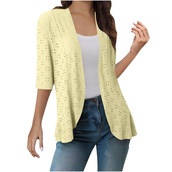 Olyvenn Lightweight Summer Cardigan for Women Fall Netted Knit Ruffle Tops Short Sleeve Eyelet Kimono Cover Ups Yellow XXL