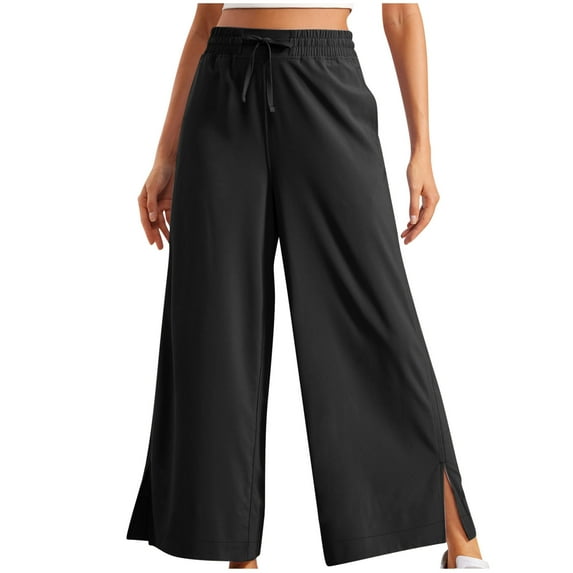 Olyvenn Lightweight Wide Leg Cropped Pants for Women High Waisted Loose Casual Lounge Travel Work Pants with Pockets Spring Fashion Summer Black XXL