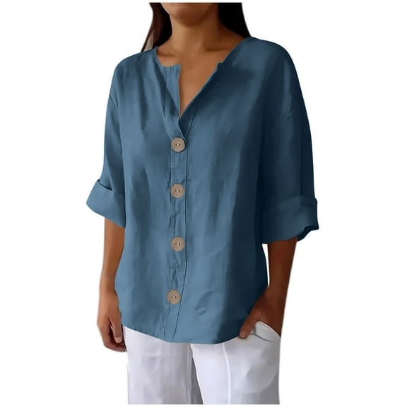 Olyvenn Linen Button Down Shirt Women,Short Sleeve Summer Tops Dressy Casual Blouses Loose Fit Lightweight Trendy Tops Navy S