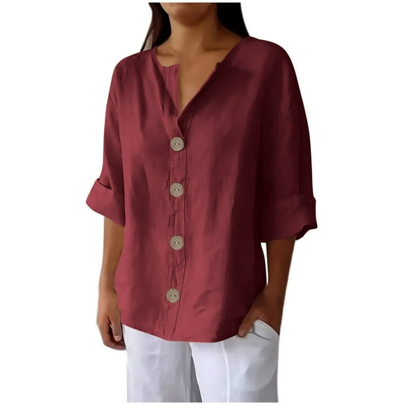 Olyvenn Linen Button Down Shirt Women,Short Sleeve Summer Tops Dressy Casual Blouses Loose Fit Lightweight Trendy Tops Wine XL