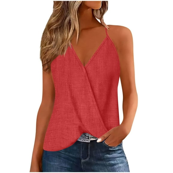 Olyvenn Linen Camisole for Women Casual 2025 Summer Sleeveless Wrap Shirts Loose V Neck Tunic Blouse Lighweight Tank Tops Watermelon Red M