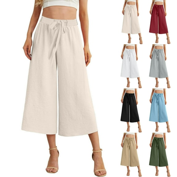 Olyvenn Linen Pants Women 2025 Summer High Waisted Wide Leg Palazzo Pants Casual Loose Tie Belt Elastic Waist Flowy Beach Trousers Gray L