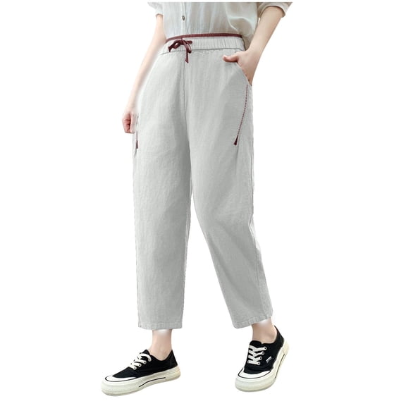 Olyvenn Linen Pants Women High Waist Pants Drawstring Elastic Waist Pant Straight Leg Beach Vacation Trousers 2025 Outfits White XXL