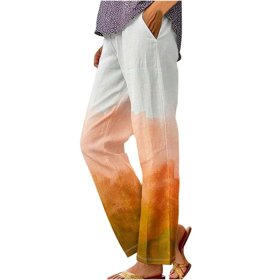 Olyvenn Linen Pants Women Summer Buttery Soft Gradient Trousers with Pockets Elastic Waist Straight Leg Pants Orange XL