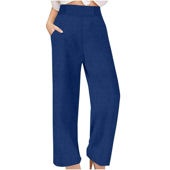 Olyvenn Linen Pants for Women Loose High Waisted Palazzo Pants Belted Wide Leg Trousers with Pockets Summer Beach Trousers Blue M