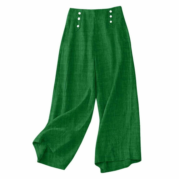 Olyvenn Linen Pants for Women Loose High Waisted Palazzo Pants Belted Wide Leg Trousers with Pockets Summer Beach Trousers Green S
