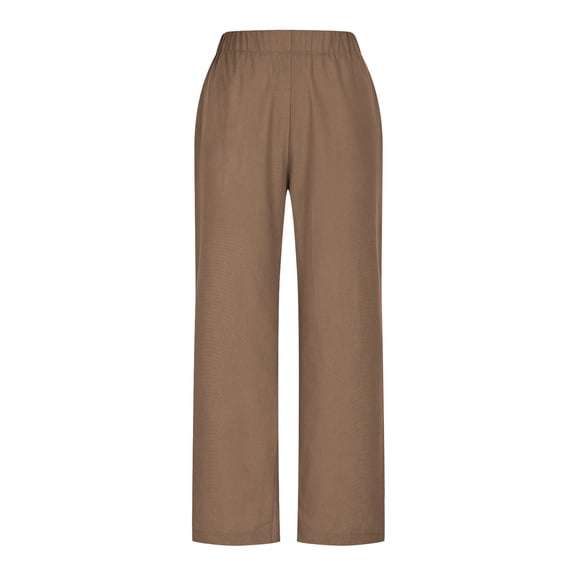 Olyvenn Linen Pants for Women Summer Elastic Waist Straight Leg Plus Size Crop Button Casual Beach Trousers with Pockets Coffee XL