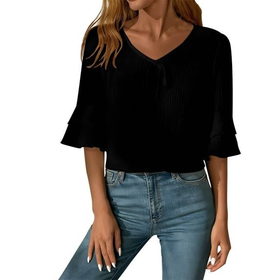 Olyvenn Linen Shirt for Women 3/4 Sleeve Casual Cotton Tops V Neck Ruffle Hem Eyelet Blouse 2026 Spring Fashion Boho Outfit Black XL